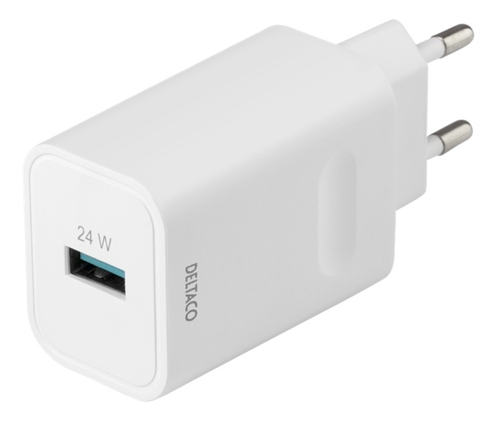 DELTACO USB wall charger, 1x USB-A, fast charging 24 W, white i gruppen SMARTPHONES & TABLETS / Opladere og kabler / Vægoplader / Vægoplader USB hos TP E-commerce Nordic AB (38-93643)