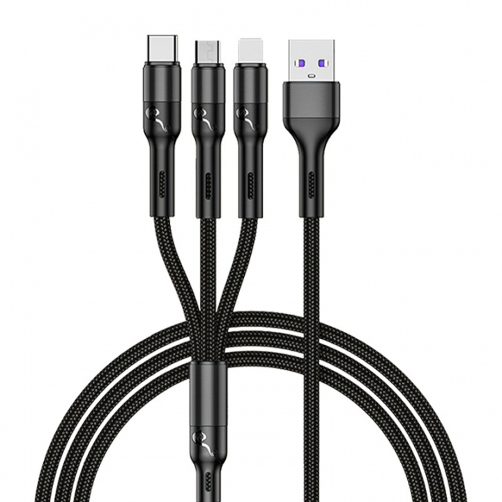 3-i-1-kabel USB-A til USB-C/Lightning/Micro-USB, 1 m, sort i gruppen SMARTPHONES & TABLETS / Opladere og kabler / Kabler / Kabler Type C hos TP E-commerce Nordic AB (38-96974)