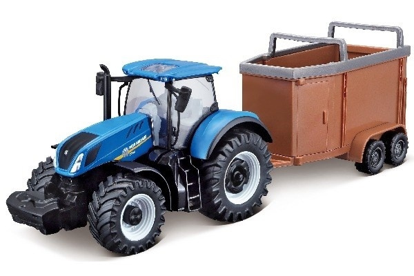 BURAGO Tractor w/livestock trailer N.H. T7.615 10cm blue i gruppen LEGETØJ, BØRN & BABY / Legetøj / Legetøjsbiler hos TP E-commerce Nordic AB (A09244)