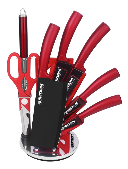 Herzberg 8 Pieces Knife Set with Acrylic Stand - Red i gruppen HJEM, HUS & HAVE / Køkkenredskaber / Køkkenknive & Knivslibemaskiner hos TP E-commerce Nordic AB (A19975)