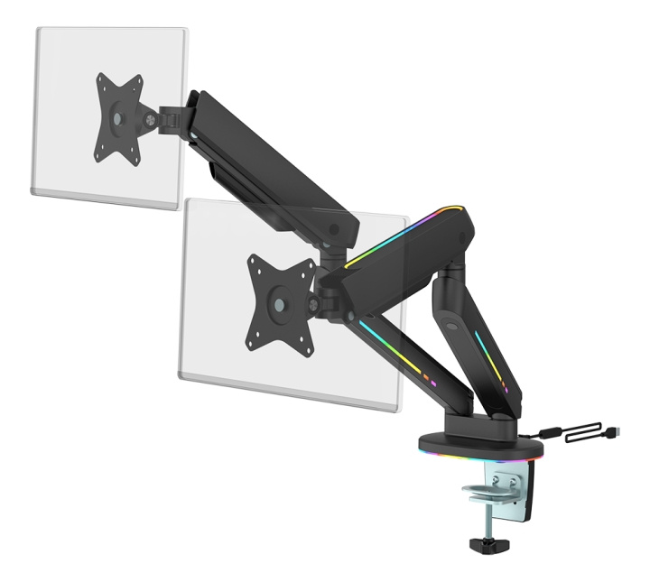 DELTACO GAMING Premium RGB Dual monitor arm, remote controller, black i gruppen COMPUTERTILBEHØR / Monitor / Monitor arme og beslag hos TP E-commerce Nordic AB (C16423)