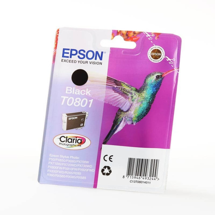 EPSON Blæk C13T08014011 T0801 Hummingbird Sort i gruppen COMPUTERTILBEHØR / Printere og tilbehør / Blæk og toner / Blækpatroner / Epson hos TP E-commerce Nordic AB (C26745)