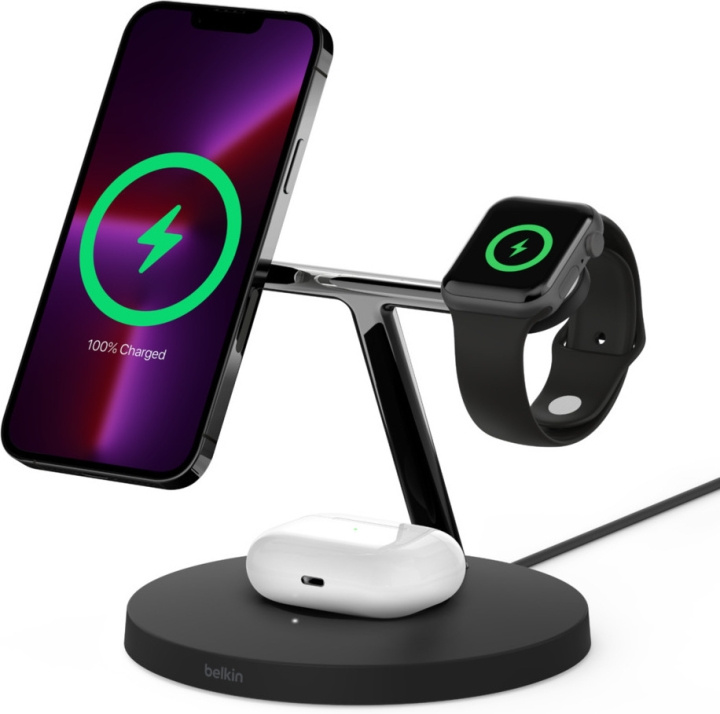 Belkin BoostCharge Pro 3-i-1 trådlös laddningsstation med MagSafe, svart i gruppen SMARTPHONES & TABLETS / Opladere og kabler / Trådløs Qi oplader hos TP E-commerce Nordic AB (C57795)