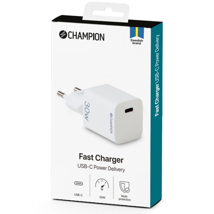 Champion Laddare 30W PD Vit i gruppen SMARTPHONES & TABLETS / Opladere og kabler / Vægoplader / Væg oplader Type C hos TP E-commerce Nordic AB (C60261)