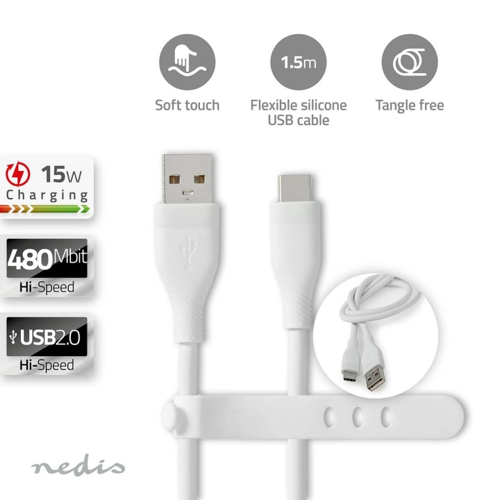 Nedis USB-kabel | USB 2.0 | USB-A Han | USB-C™ Han | 15 W | 480 Mbps | Nikkelplateret | 1.50 m | Runde | Silikone | Hvid | Box i gruppen COMPUTERTILBEHØR / Kabler og adaptere / USB / USB-C hos TP E-commerce Nordic AB (C66095)