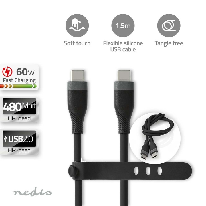 Nedis USB-kabel | USB 2.0 | USB-C™ Han | USB-C™ Han | 60 W | 480 Mbps | Nikkelplateret | 1.50 m | Runde | Silikone | Sort | Box i gruppen COMPUTERTILBEHØR / Kabler og adaptere / USB / USB-C hos TP E-commerce Nordic AB (C66096)