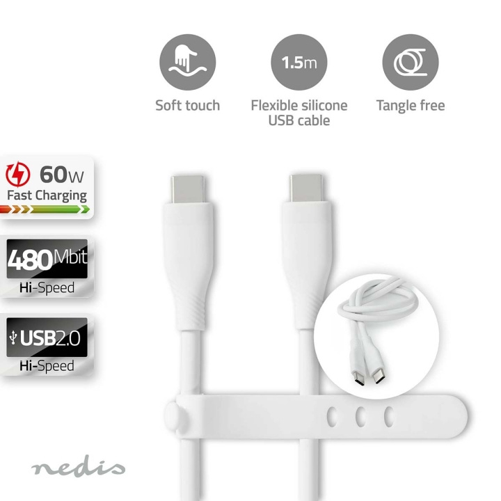 Nedis USB-kabel | USB 2.0 | USB-C™ Han | USB-C™ Han | 60 W | 480 Mbps | Nikkelplateret | 1.50 m | Runde | Silikone | Hvid | Box i gruppen COMPUTERTILBEHØR / Kabler og adaptere / USB / USB-C hos TP E-commerce Nordic AB (C66097)