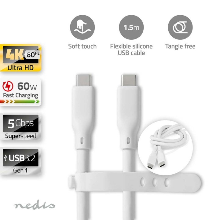 Nedis USB-kabel | USB 3.2 Gen 1 | USB-C™ Han | USB-C™ Han | 60 W | 4K@60Hz | 5 Gbps | Nikkelplateret | 1.50 m | Runde | Silikone | Hvid | Box i gruppen COMPUTERTILBEHØR / Kabler og adaptere / USB / USB-C hos TP E-commerce Nordic AB (C66109)