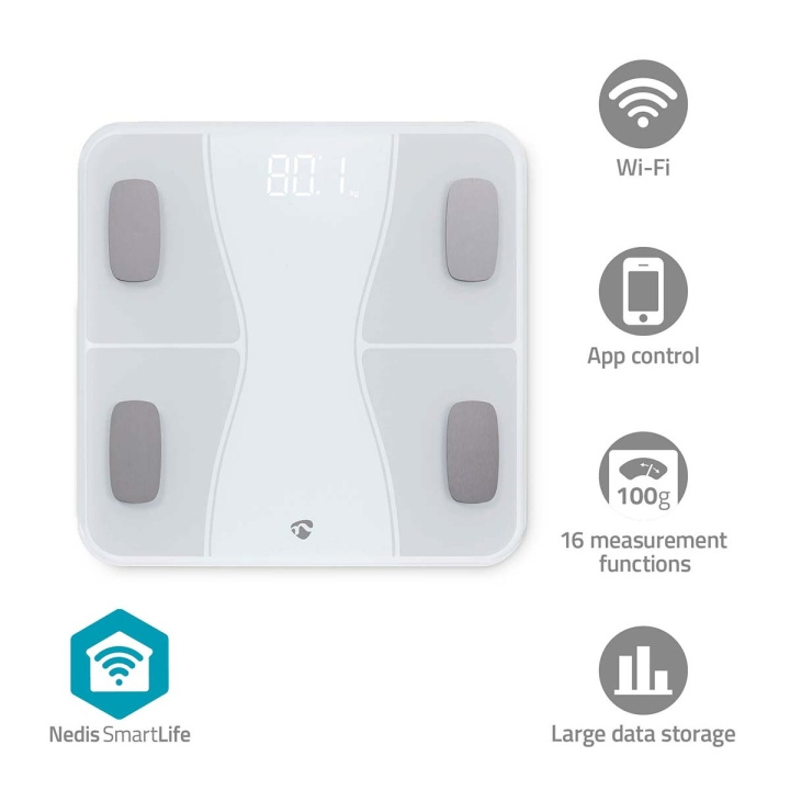 Nedis SmartLife Personvægt | Bluetooth® | Ben / BMI / BMR / Fedt / Muskler / Vand / Vægt | 12 | Maksimal belastning: 180 kg | Android™ / IOS | ABS / Glas | Hvid i gruppen SKØNHED & HELSE / Helse / Badevægte hos TP E-commerce Nordic AB (C66708)