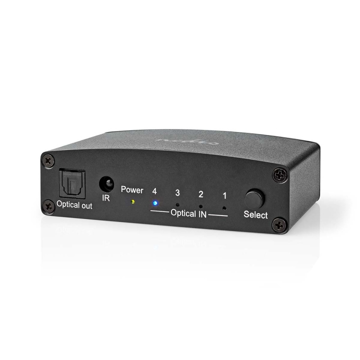 Nedis Digital Audio Switch | 4-vejs | Tilslutninger indgang: DC strøm / 4x TosLink | Tilslutninger udgang: TosLink Hun | Fjernbetjening / Manual / Trykknap | Metal | Sort i gruppen HJEMMEELEKTRONIK / Kabler og adaptere / Audio Digital hos TP E-commerce Nordic AB (C67495)