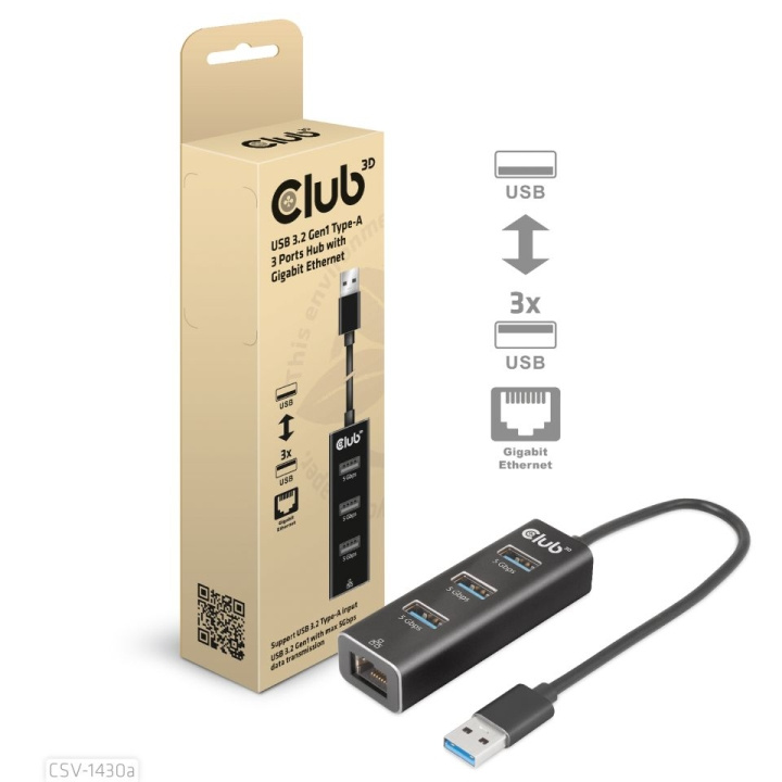 Club 3D USB 3.2 Gen1 A 3-P Hub Gigabit Ethernet i gruppen COMPUTERTILBEHØR / Bærbare computere og tilbehør / Docking stationer hos TP E-commerce Nordic AB (C67860)