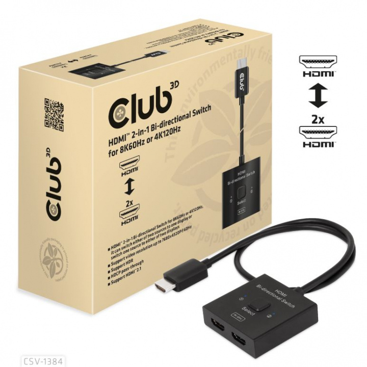 Club 3D HDMI 2-in-1 Bi-directional Switch for 8K60Hz or 4K120Hz i gruppen COMPUTERTILBEHØR / Kabler og adaptere / HDMI / VGA / DVI switche hos TP E-commerce Nordic AB (C67870)