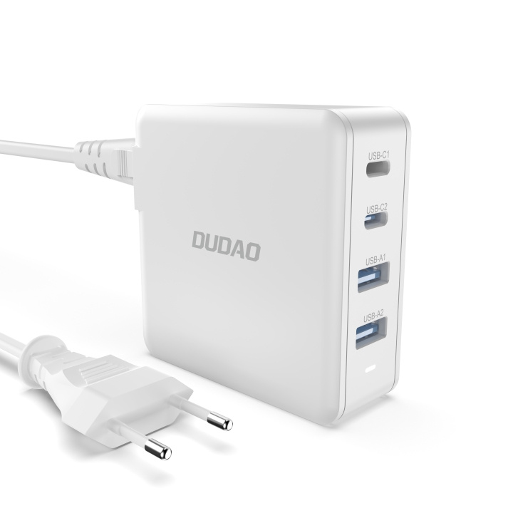 Dudao A100EU Adapter 100Watt GaN 2xUSB-C + 2xUSB-A i gruppen SMARTPHONES & TABLETS / Opladere og kabler / Vægoplader / Væg oplader Type C hos TP E-commerce Nordic AB (C70276)