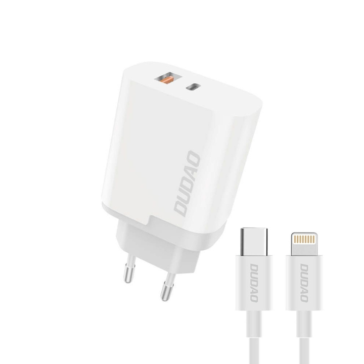 Dudao A6XSEUL Adapter 22,5Watt 1xUSB-C + 1xUSB-A (1m USB-C to Lightning cable included) i gruppen SMARTPHONES & TABLETS / Opladere og kabler / Vægoplader / Væg oplader Type C hos TP E-commerce Nordic AB (C70279)