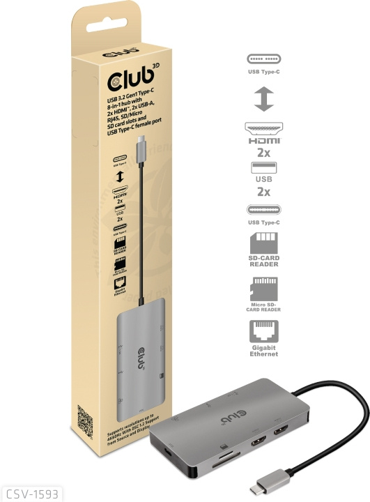 Club 3D Type-C 8-i-1-hub i gruppen COMPUTERTILBEHØR / Bærbare computere og tilbehør / Docking stationer hos TP E-commerce Nordic AB (C71774)