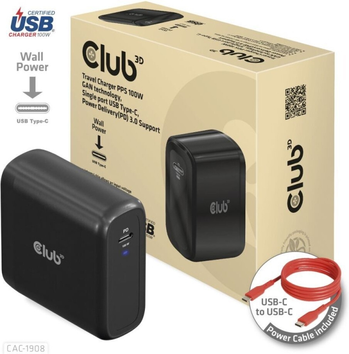 Club 3D CAC-1908EU Rejseoplader 100 W GaN USB-C-strømforsyning i gruppen SMARTPHONES & TABLETS / Opladere og kabler / Vægoplader / Væg oplader Type C hos TP E-commerce Nordic AB (C71794)