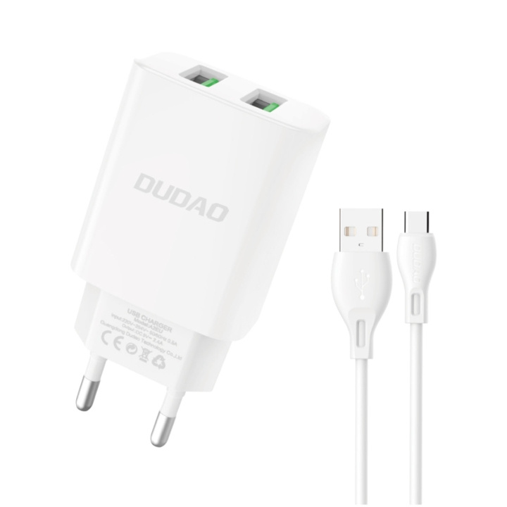 Dudao A2EUT Adapter 12Watt 2xUSB-A (1m USB-A to USB-C cable included) i gruppen SMARTPHONES & TABLETS / Opladere og kabler / Vægoplader / Væg oplader Type C hos TP E-commerce Nordic AB (C77119)