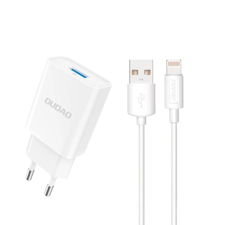 Dudao A4EU USB-A 2.1A power charger - white + USB-A - Lightning cable i gruppen SMARTPHONES & TABLETS / Opladere og kabler / Vægoplader / Vægoplader Lightning hos TP E-commerce Nordic AB (C77161)