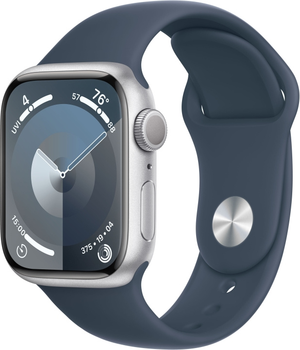 Apple Watch Series 9 (GPS) 41 mm sølvfarvet aluminiumskasse og stormblå sportsrem, S/M (MR903) i gruppen SMARTPHONES & TABLETS / Træning, hjem og fritid / Apple Watch & Tilbehør / Apple Watch hos TP E-commerce Nordic AB (C77581)