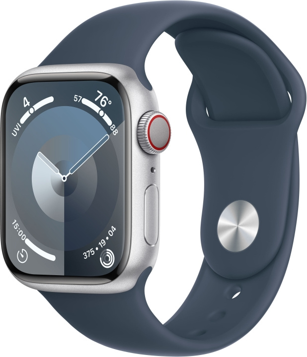 Apple Watch Series 9 (GPS + Cellular) 41 mm sølvfarvet aluminiumskasse og stormblå sportsrem, S/M (MRHV3) i gruppen SMARTPHONES & TABLETS / Træning, hjem og fritid / Apple Watch & Tilbehør / Apple Watch hos TP E-commerce Nordic AB (C77615)