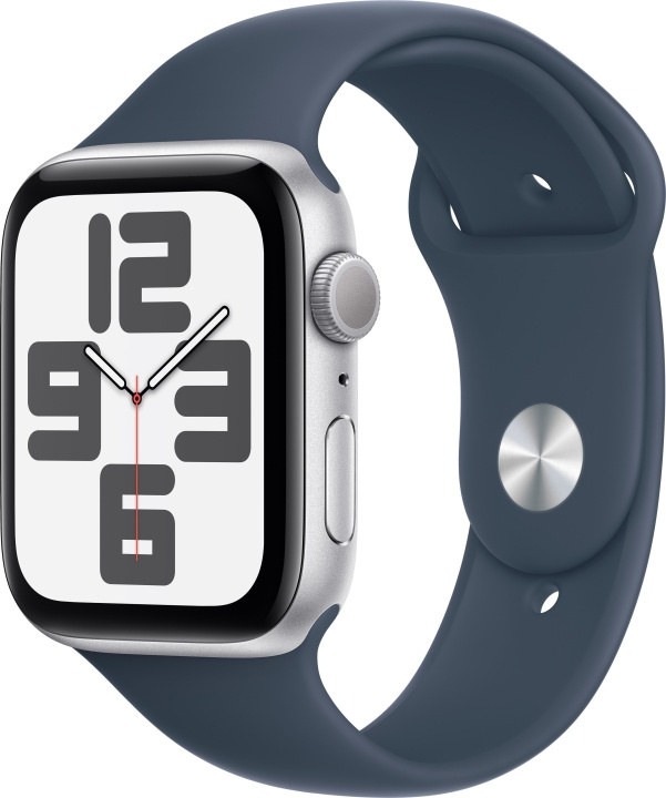 Apple Watch SE (GPS) 44 mm sølvfarvet aluminiumskasse og stormblå sportsrem, S/M (MREC3) i gruppen SMARTPHONES & TABLETS / Træning, hjem og fritid / Apple Watch & Tilbehør / Apple Watch hos TP E-commerce Nordic AB (C77626)