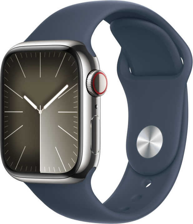 Apple Watch Series 9 (GPS + Cellular) 41 mm sølvfarvet urkasse i rustfrit stål og stormblå sportsarmbånd, M/L (MRJ33) i gruppen SMARTPHONES & TABLETS / Træning, hjem og fritid / Apple Watch & Tilbehør / Apple Watch hos TP E-commerce Nordic AB (C77653)