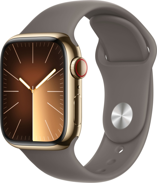 Apple Watch Series 9 (GPS + Cellular) 41 mm guldfarvet urkasse i rustfrit stål og lerfarvet sportsarmbånd, M/L (MRJ63) i gruppen SMARTPHONES & TABLETS / Træning, hjem og fritid / Apple Watch & Tilbehør / Apple Watch hos TP E-commerce Nordic AB (C77656)