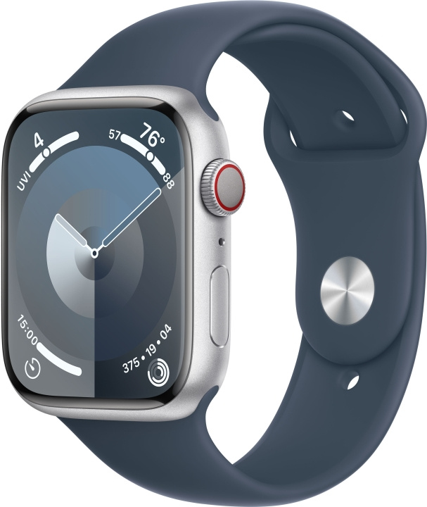 Apple Watch Series 9 (GPS + Cellular) 45 mm sølvfarvet aluminiumskasse og stormblå sportsarmbånd, M/L (MRMH3) i gruppen SMARTPHONES & TABLETS / Træning, hjem og fritid / Apple Watch & Tilbehør / Apple Watch hos TP E-commerce Nordic AB (C77658)