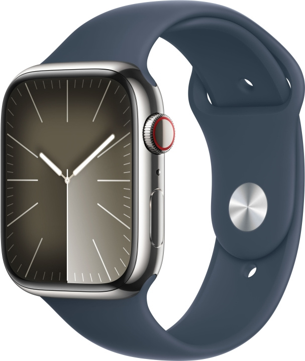 Apple Watch Series 9 (GPS + Cellular) 45 mm sølvfarvet urkasse i rustfrit stål og stormblå sportsarmbånd, S/M (MRMN3) i gruppen SMARTPHONES & TABLETS / Træning, hjem og fritid / Apple Watch & Tilbehør / Apple Watch hos TP E-commerce Nordic AB (C77667)