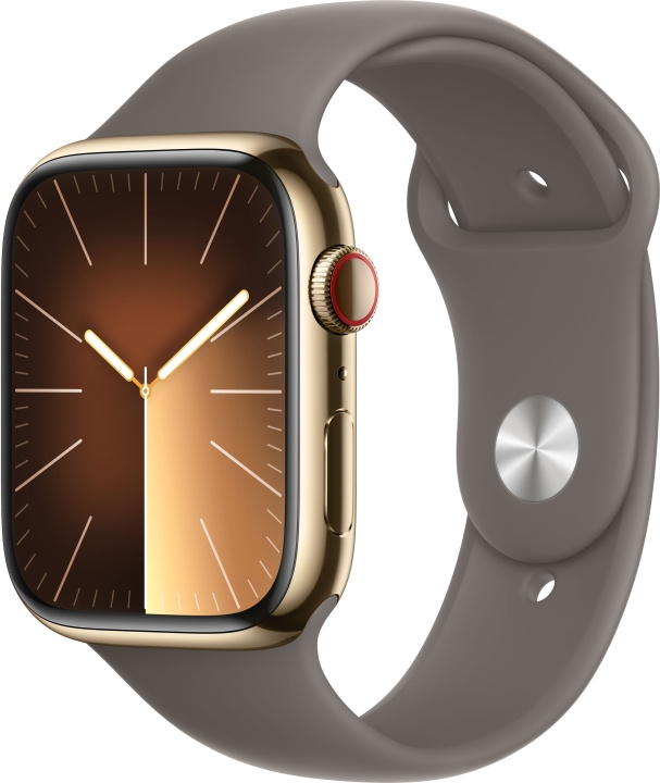 Apple Watch Series 9 (GPS + Cellular) 45 mm guldfarvet urkasse i rustfrit stål og lerfarvet sportsarmbånd, M/L (MRMT3) i gruppen SMARTPHONES & TABLETS / Træning, hjem og fritid / Apple Watch & Tilbehør / Apple Watch hos TP E-commerce Nordic AB (C77675)