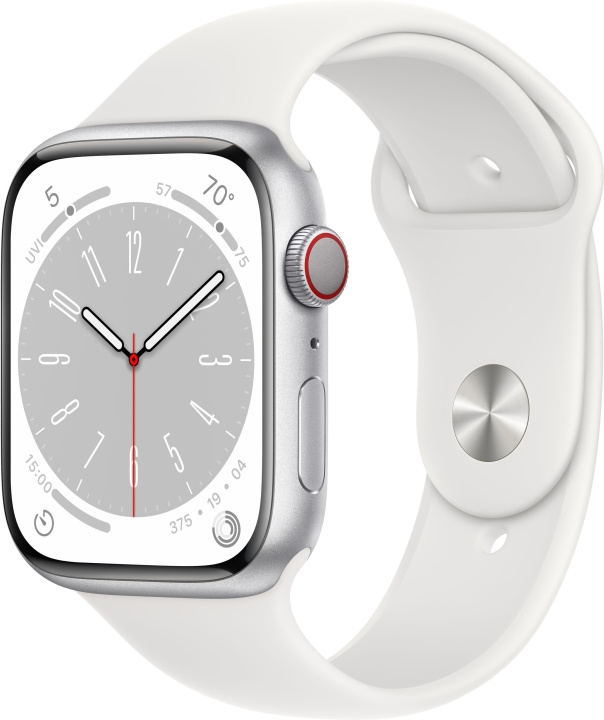 Apple Watch Series 8 (GPS + Cellular) 45 mm sølvfarvet aluminiumskasse og hvid sportsrem (MP4J3) i gruppen SMARTPHONES & TABLETS / Træning, hjem og fritid / Apple Watch & Tilbehør / Apple Watch hos TP E-commerce Nordic AB (C77890)