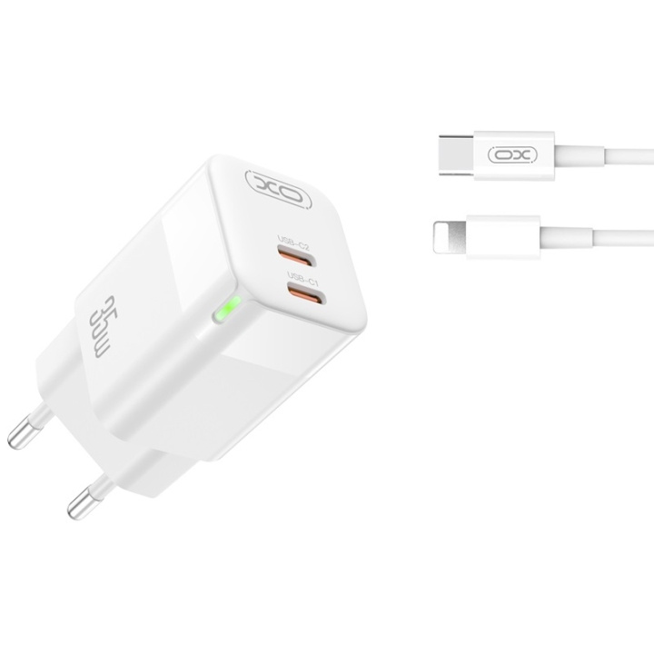 XO väggladdare CE07 PD 35W 2x USB-C vit + USB-C - Lightning-kabel i gruppen SMARTPHONES & TABLETS / Opladere og kabler / Vægoplader / Vægoplader Lightning hos TP E-commerce Nordic AB (C79243)