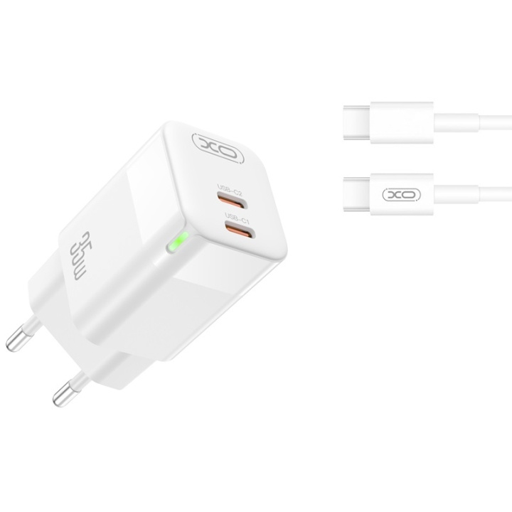 XO väggladdare CE07 PD 35W 2x USB-C vit + USB-C - USB-C-kabel i gruppen SMARTPHONES & TABLETS / Opladere og kabler / Vægoplader / Væg oplader Type C hos TP E-commerce Nordic AB (C79244)