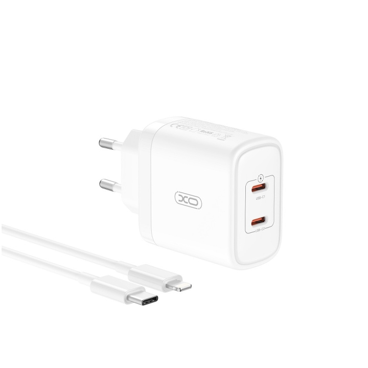 XO väggladdare CE08 PD 50W 2x USB-C vit + USB-C - Lightning-kabel i gruppen SMARTPHONES & TABLETS / Opladere og kabler / Vægoplader / Væg oplader Type C hos TP E-commerce Nordic AB (C79266)