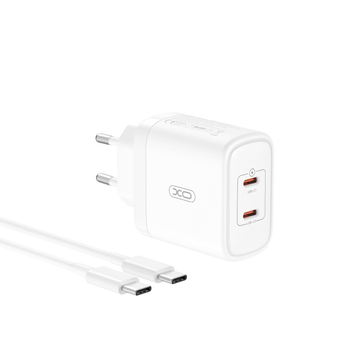 XO väggladdare CE08 PD 50W 2x USB-C vit + USB-C - USB-C kabel i gruppen SMARTPHONES & TABLETS / Opladere og kabler / Vægoplader / Væg oplader Type C hos TP E-commerce Nordic AB (C79267)