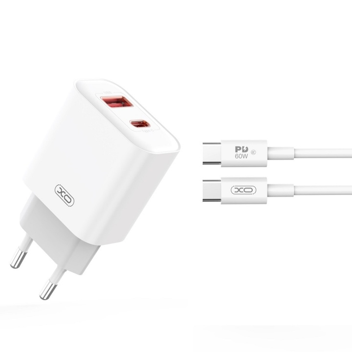 XO väggladdare CE12 PD QC3.0 20W 1x USB 1x USB-C vit + USB-C - USB-C kabel i gruppen SMARTPHONES & TABLETS / Opladere og kabler / Vægoplader / Væg oplader Type C hos TP E-commerce Nordic AB (C79272)