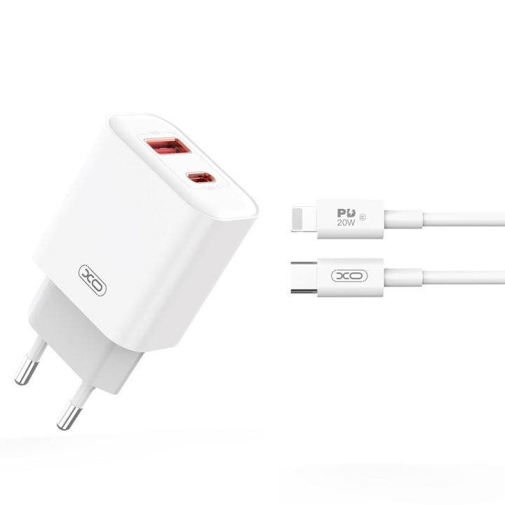 XO väggladdare CE12 PD QC3.0 20W 1x USB 1x USB-C vit + USB-C - Lightning-kabel i gruppen SMARTPHONES & TABLETS / Opladere og kabler / Vægoplader / Vægoplader Lightning hos TP E-commerce Nordic AB (C79273)