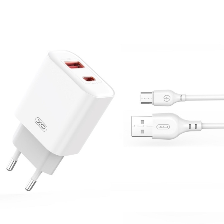 XO väggladdare CE12 PD QC3.0 20W 1x USB 1x USB-C vit + USB - microUSB-kabel i gruppen SMARTPHONES & TABLETS / Opladere og kabler / Vægoplader / Vægoplader microUSB hos TP E-commerce Nordic AB (C79274)