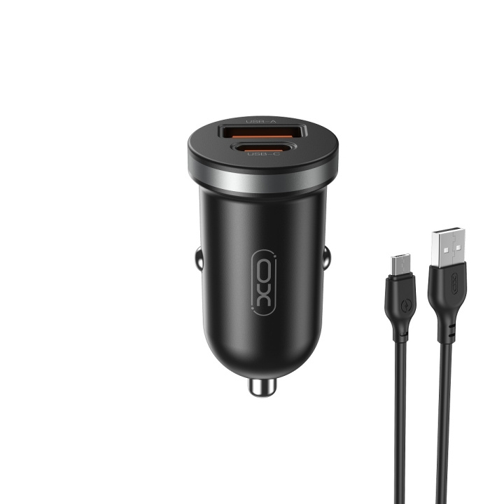 XO billaddare CC56 PD 30W QC 1x USB 1x USB-C svart + USB - microUSB-kabel i gruppen SMARTPHONES & TABLETS / Opladere og kabler / Bilopladere / Bil oplader microUSB hos TP E-commerce Nordic AB (C79286)