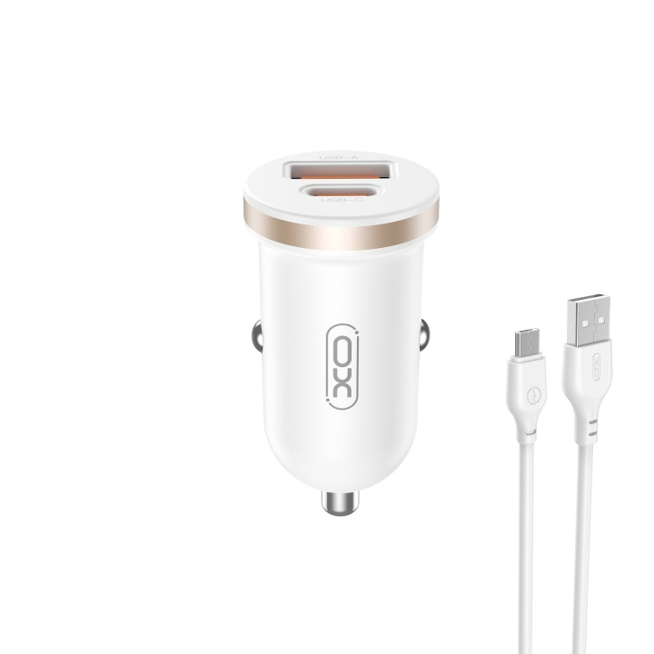 XO billaddare CC56 PD 30W QC 1x USB 1x USB-C vit + USB - microUSB-kabel i gruppen SMARTPHONES & TABLETS / Opladere og kabler / Bilopladere hos TP E-commerce Nordic AB (C79287)