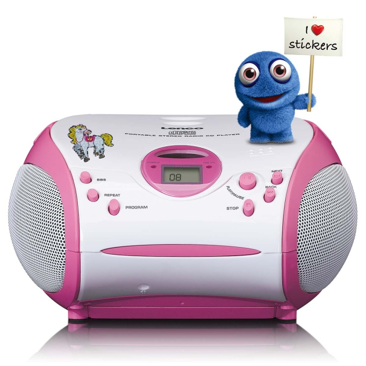 Lenco Boombox med cd-afspiller, FM-radio og klistermærker Pink i gruppen HJEMMEELEKTRONIK / Lyd & billede / Hjemmebiograf, HiFi & Bærbar / Radio og vækkeure / Radio hos TP E-commerce Nordic AB (C81438)