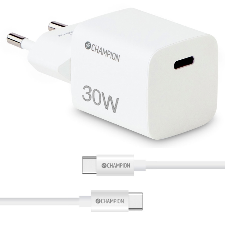 Champion Laddare 30W + USB-C Kabel Vit i gruppen SMARTPHONES & TABLETS / Opladere og kabler / Vægoplader / Væg oplader Type C hos TP E-commerce Nordic AB (C81442)