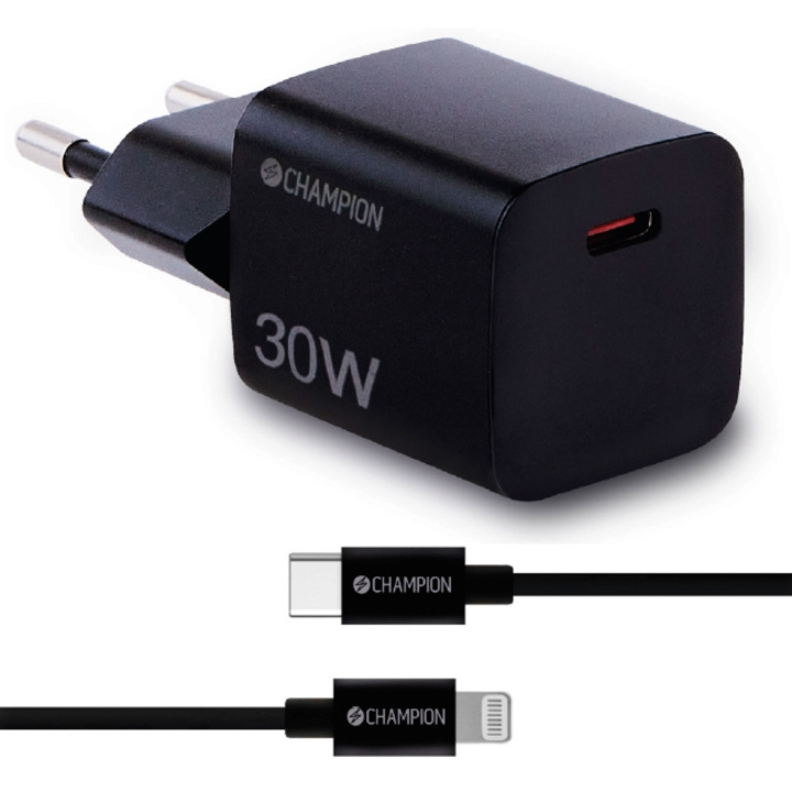 Champion Laddare 30W + USB-C till Lightning Kabel Svart i gruppen SMARTPHONES & TABLETS / Opladere og kabler / Vægoplader / Vægoplader Lightning hos TP E-commerce Nordic AB (C82816)