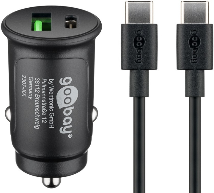 Goobay Dual USB snabbladdare för bil USB-C™ (27 W) laddningsadapter för bil med 1x USB-C™ och 1x USB-A, USB-C™-kabel, 1 m, svart i gruppen SMARTPHONES & TABLETS / Opladere og kabler / Bilopladere / Bilopladere Type C hos TP E-commerce Nordic AB (C86939)