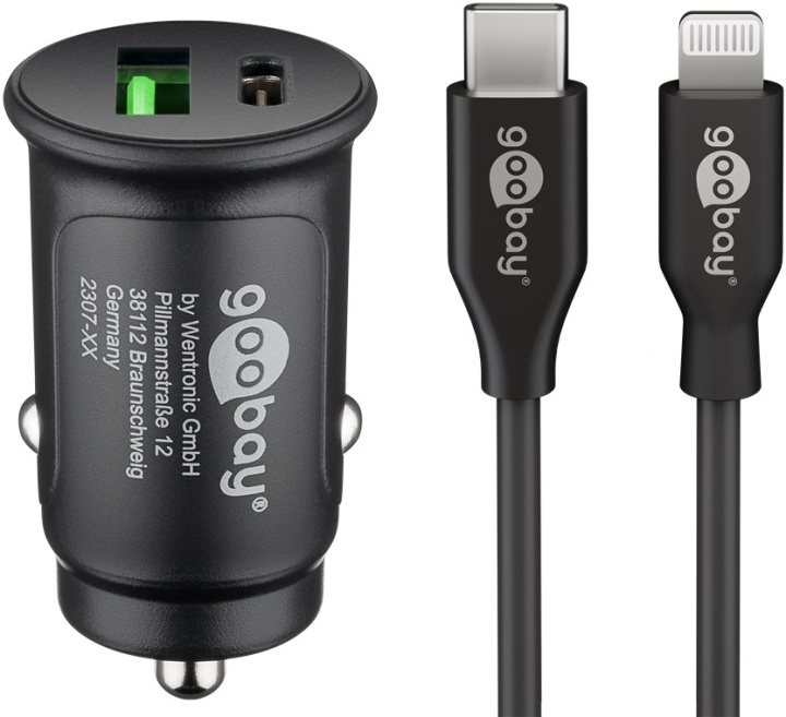 Goobay Dual USB snabbladdare för bil Lightning (27 W) laddningsadapter för bil med 1x USB-C™ och 1x USB-A, USB-C™ Lightning-kabel, 1 m, svart i gruppen SMARTPHONES & TABLETS / Opladere og kabler / Bilopladere / Bilopladere Lightning hos TP E-commerce Nordic AB (C86940)