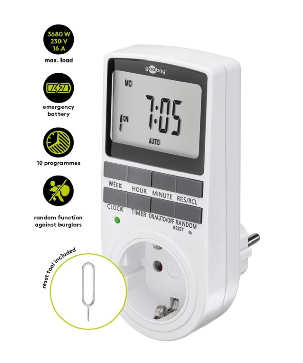 Goobay Digital timer programmerbar timer med kontakt med skyddsjord (typ F) i gruppen HJEM, HUS & HAVE / Elektricitet & Belysning / Timer hos TP E-commerce Nordic AB (C86941)