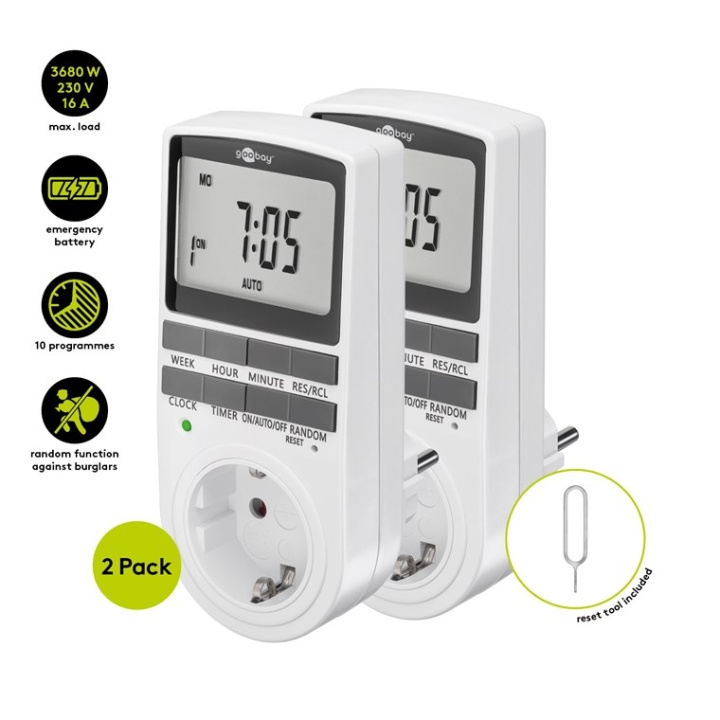 Goobay Digital timer, set om 2 programmerbar timer med kontakt med skyddsjord (typ F) i gruppen HJEM, HUS & HAVE / Elektricitet & Belysning / Timer hos TP E-commerce Nordic AB (C86963)