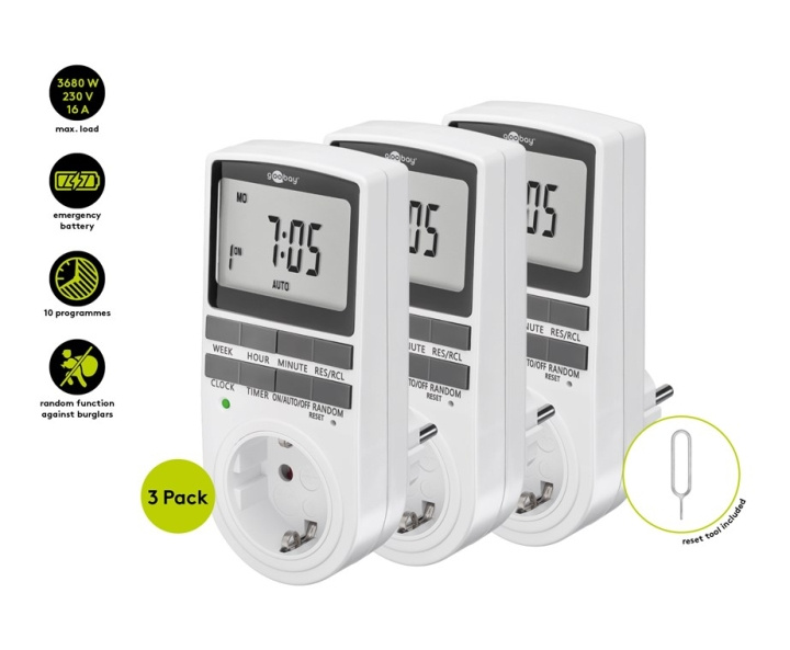 Goobay Digital timer, set om 3 programmerbar timer med kontakt med skyddsjord (typ F) i gruppen HJEM, HUS & HAVE / Elektricitet & Belysning / Timer hos TP E-commerce Nordic AB (C86964)