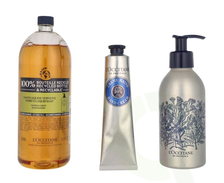 L\'Occitane Beautiful Hands Set 575 ml Eco Refill Shea Liquid Soap Verbena 500ml/Shea Hand Cream 75ml/Empty Forever Bottle i gruppen SKØNHED & HELSE / Gaveæske / Gaveæske til hende hos TP E-commerce Nordic AB (C91974)