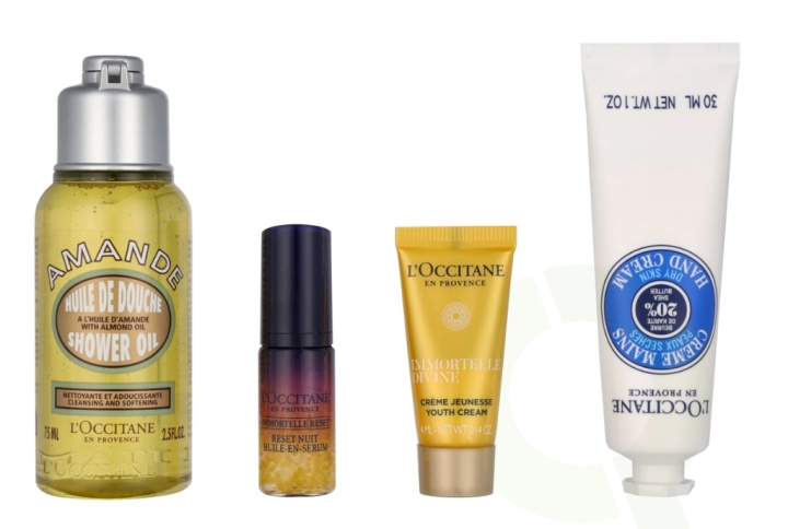 L\'Occitane Iconics L\'Occitane Set 114 ml Immortelle Nuit Huile-en-Serum 5ml/Immortelle Divine Cream 4ml/Almond Shower Oil 75ml/Shea Butter Dry Skin Hand Cream 30ml i gruppen SKØNHED & HELSE / Gaveæske / Gaveæske til hende hos TP E-commerce Nordic AB (C91975)